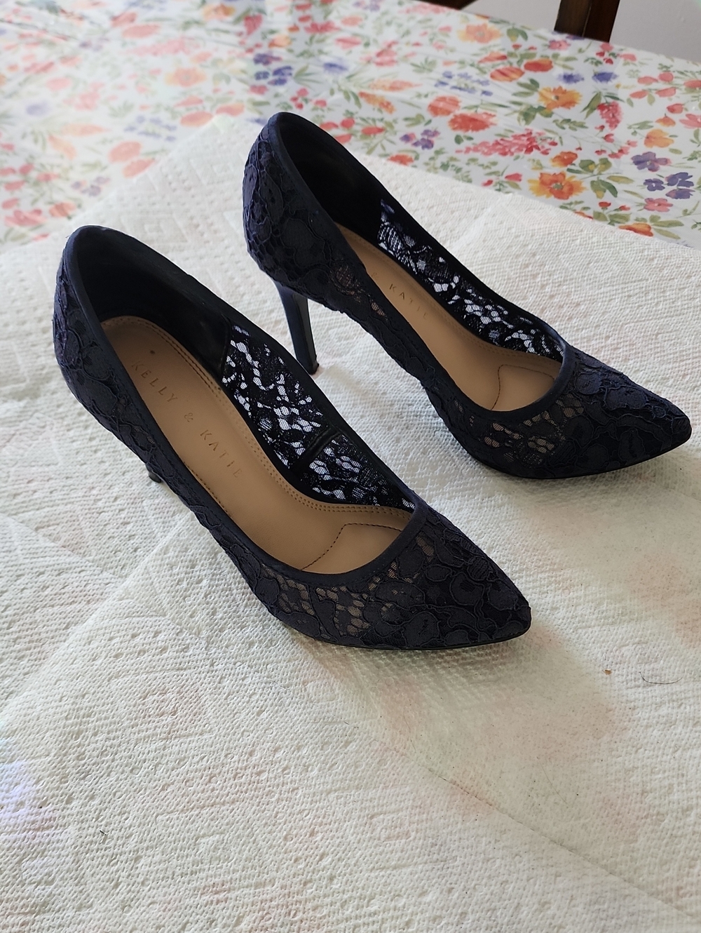 Kelly & Katie Black Lace Pointed Toe Stiletto Pumps
